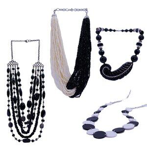 4 Vintage Black & White Beaded 90's Necklaces, Kenneth Jay Lane Style Torsade
